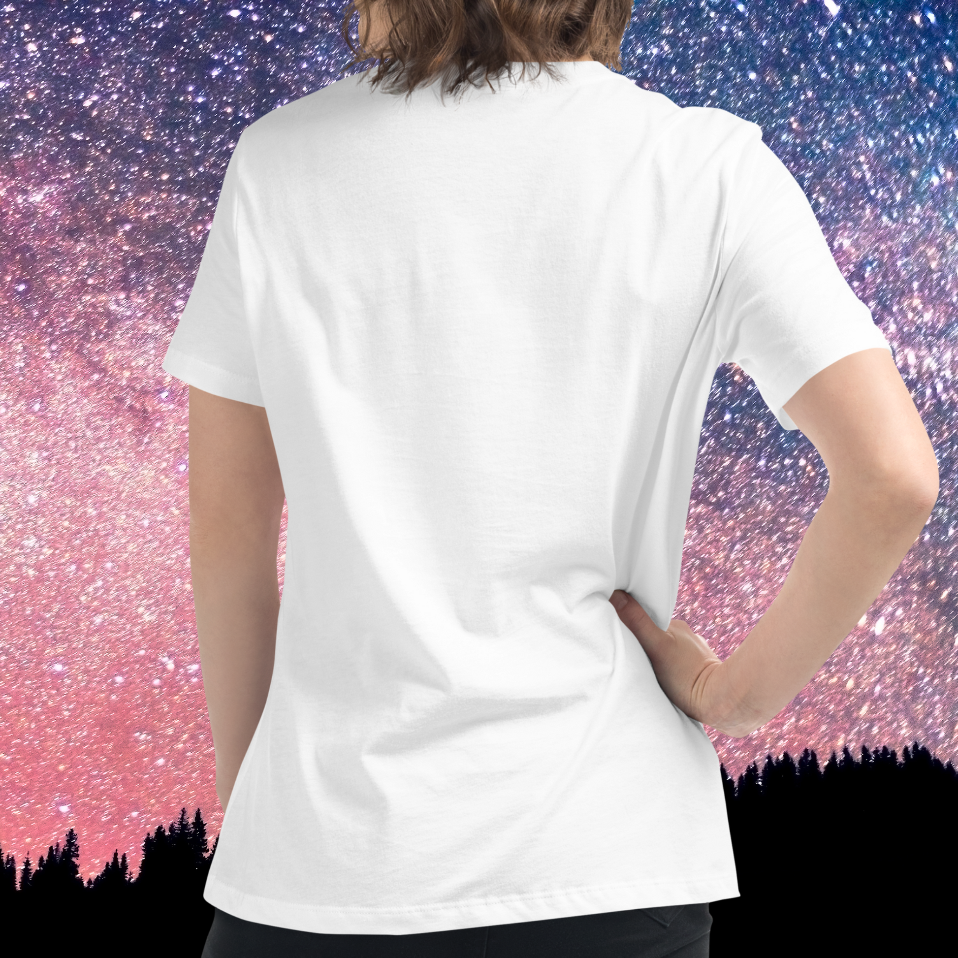 Back view of model wearing white women's Cancer Tee. No image on the back of the shirt. You can see the hem of the shirt reaches just below the hip on the model. Their is a crewneck neckline and the sleeves come to mid upper arm for a short sleeved tee on the model. The perfect June or July Birthday Gift for Her or yourself.