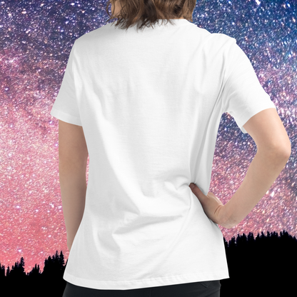 Back view of model wearing white women's Cancer Tee. No image on the back of the shirt. You can see the hem of the shirt reaches just below the hip on the model. Their is a crewneck neckline and the sleeves come to mid upper arm for a short sleeved tee on the model. The perfect June or July Birthday Gift for Her or yourself.