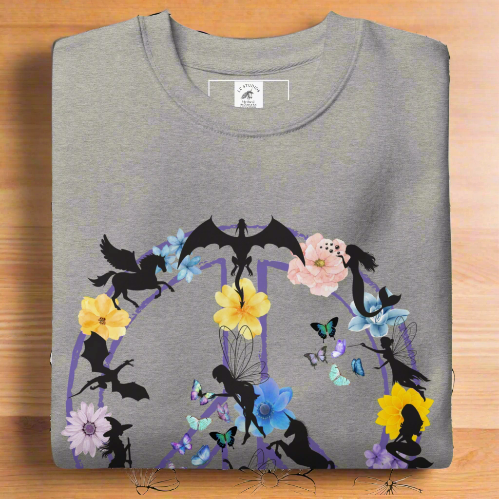 Womens Folded Carbon Grey Fantasy Peace Sign Women's Sweatshirt. Purple Peace Sign Outline filled with fantasy creatures dragons, mermaids, fairies, pegasus, a witch, butterflies, and flowers. 