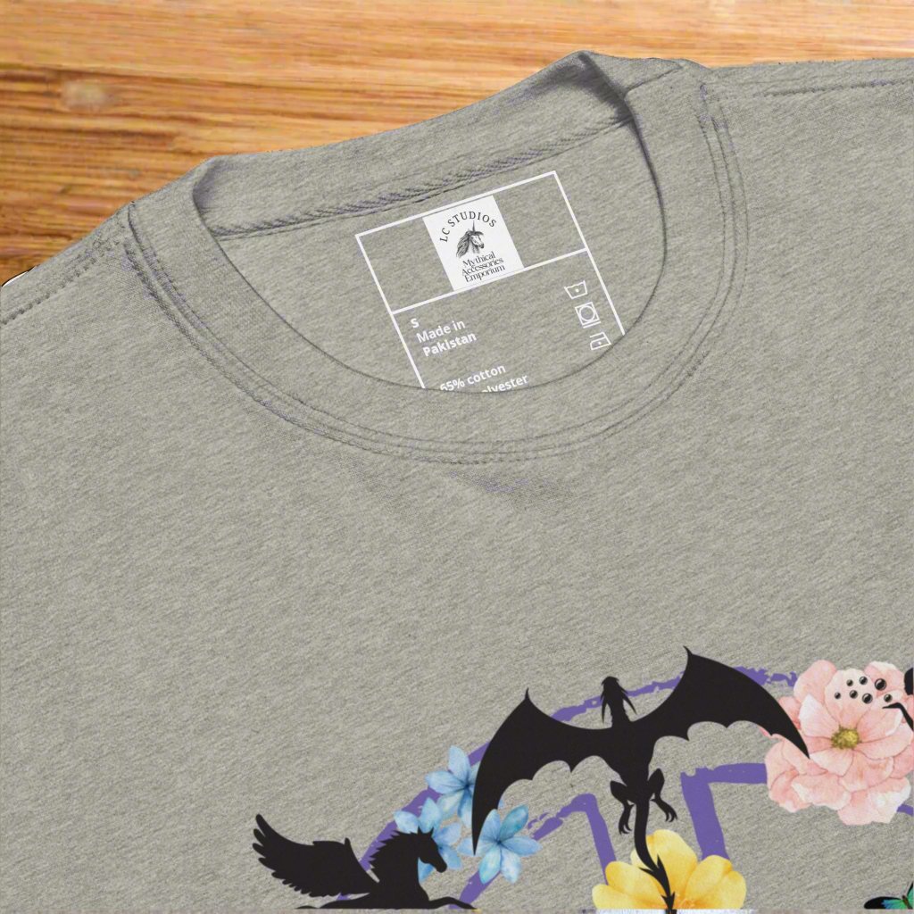 Womens Carbon Grey Collar View Fantasy Peace Sign Women's Sweatshirt. Purple Peace Sign Outline filled with fantasy creatures dragons, mermaids, fairies, pegasus, a witch, butterflies, and flowers. 