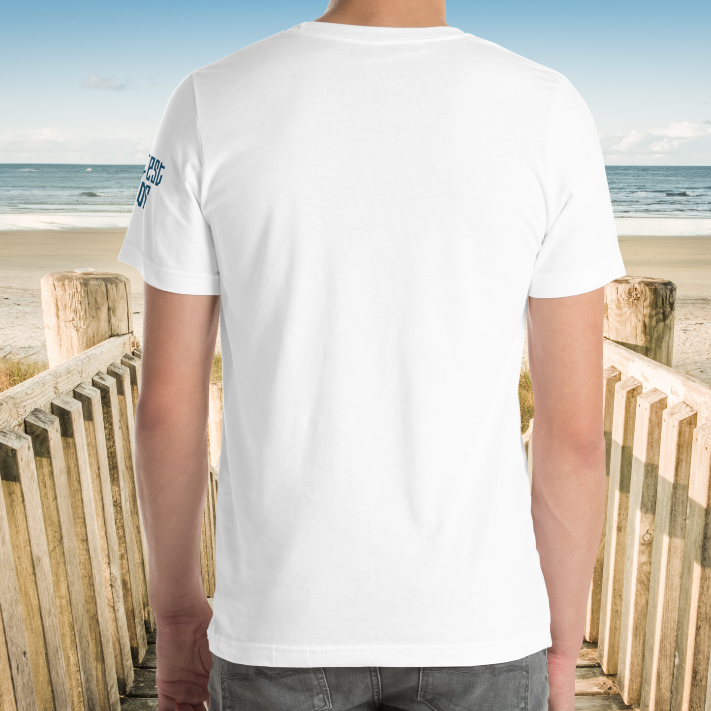 Cthulhu Men's White T-Shirt on model back view. Back view you can see the back of the crewneck with the hem reaching mid way down the hip. You can half of the text on the sleeve. 