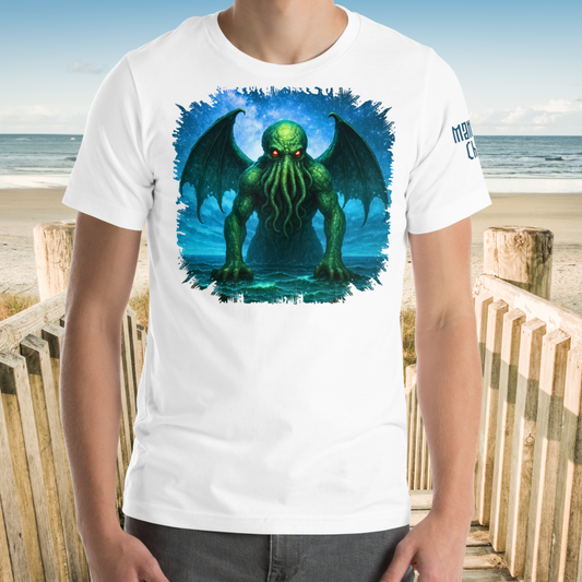 Cthulhu Men's T-Shirt Front View on Model. Graphic upper half of shirt with night sky background. Cthulhu is emerging from the ocean. Wings spread from his back across the sky as he leans forward with tentacles hanging from his face toward the surface. He glows in green with radiant red eyes. 