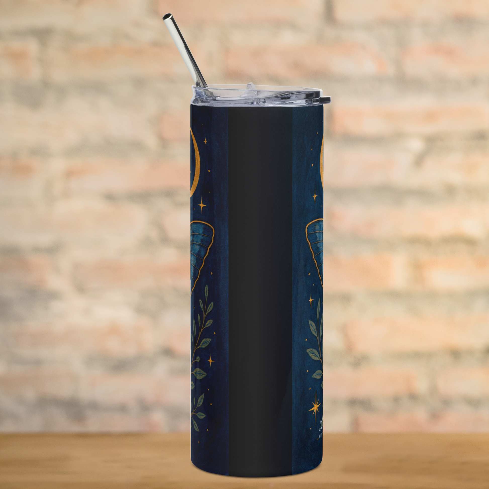 Death Head Moth Tumbler Stainless Steel 20 oz. View of the back of the water bottle. You can see the tips of wings on each side. The metal straw extends above the top of the lid. Witchy Luna Moth