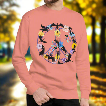 Men's Front View Dusty Rose Fantasy Peace Sign men's Sweatshirt. Purple Peace Sign Outline filled with fantasy creatures dragons, mermaids, fairies, pegasus, a witch, butterflies, and flowers. 