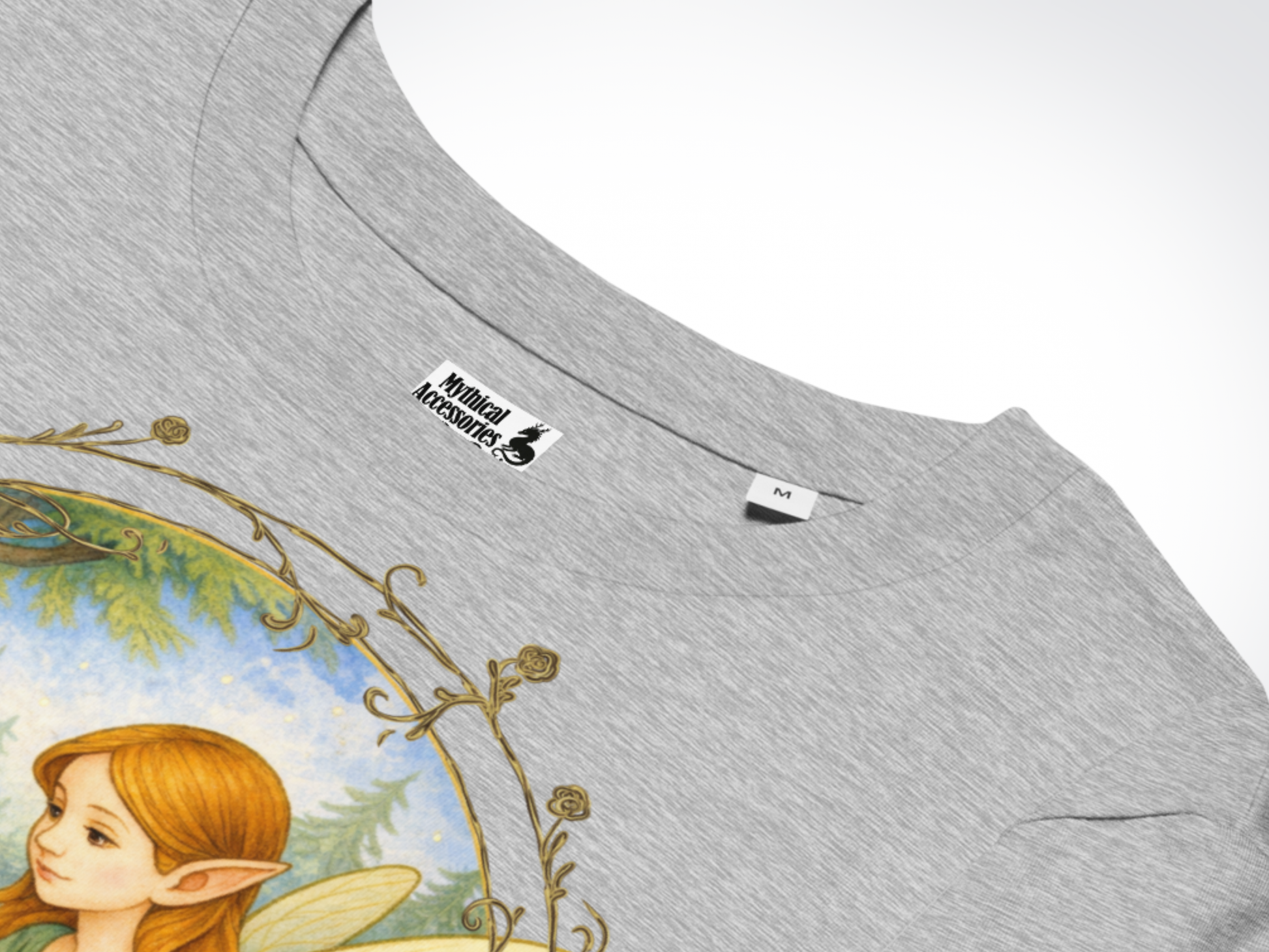 Athletic Grey Women's T-Shirt up close view o collar. You can see the back collar, Part of the Mythical Accessories Emporium tag and the size tag. 