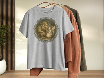 Athletic Gray t-shirt with a graphic design of a  fairy and troll on a hanger with other clothing.