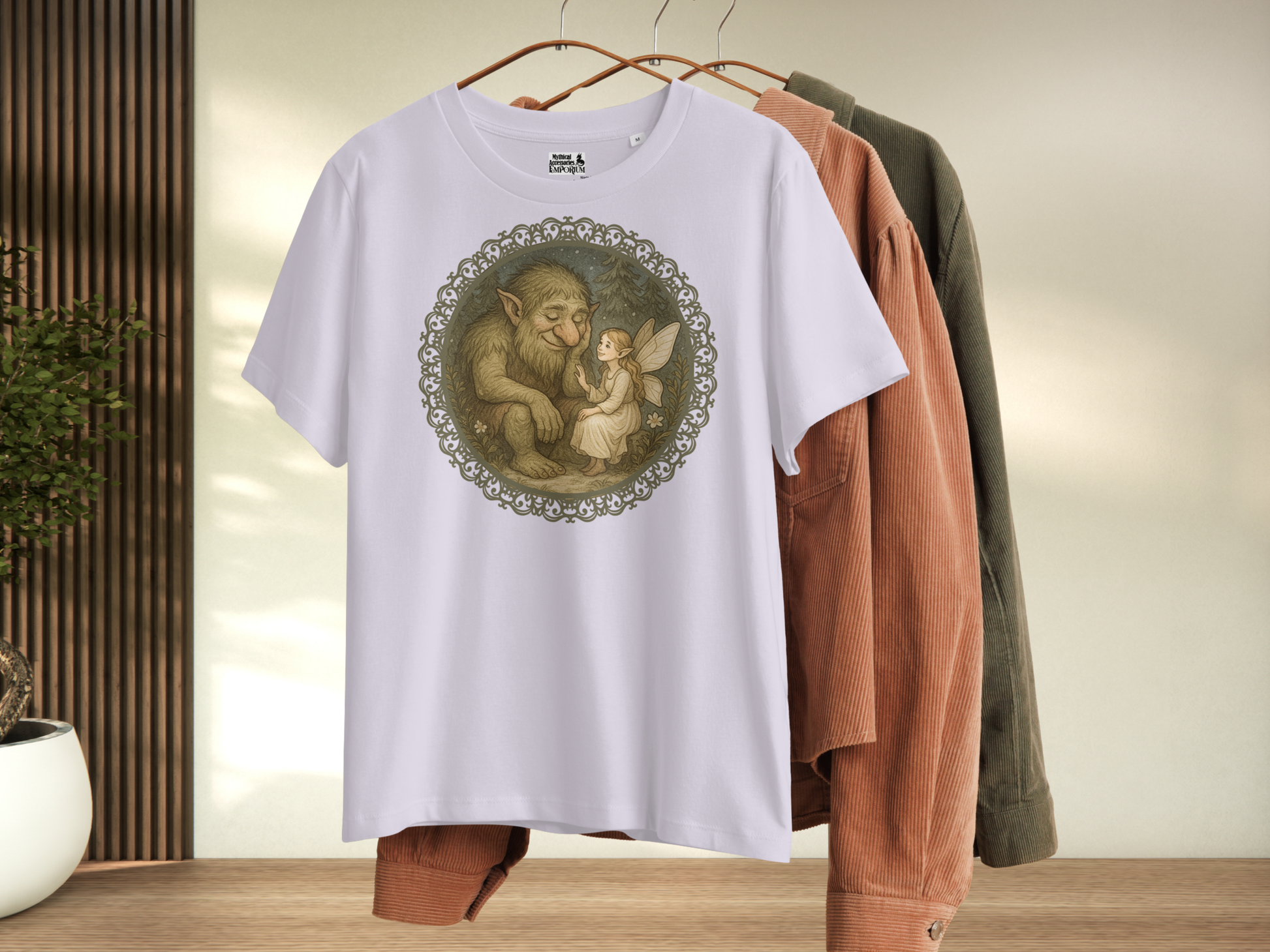 Lavender graphic women's t-shirt with a design of a fairy and a troll on a hanger with other clothing.