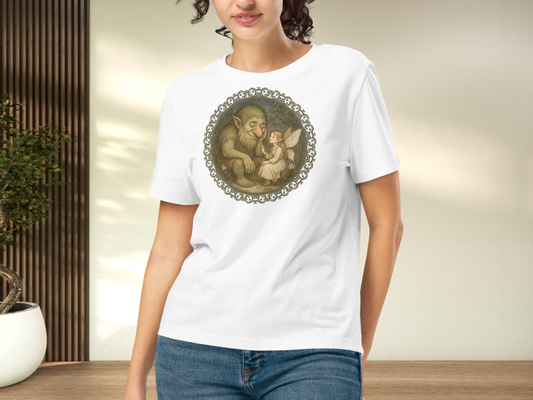 Model wearing white graphic tee with a circle graphic. The frame is a lattice lace. Inside the frame is a fairy/pixie sitting in the forest with a forest troll.
