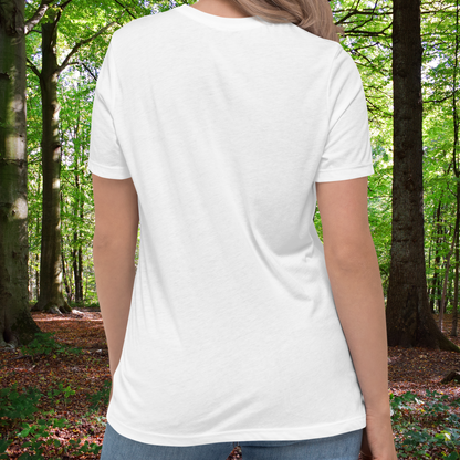 Fenrir women's T-Shirt back view of white shirt on model. here you see that the sleeves come midway down the upper arms. This is a crewneck shirt. The hem lands below the hip on the model. 