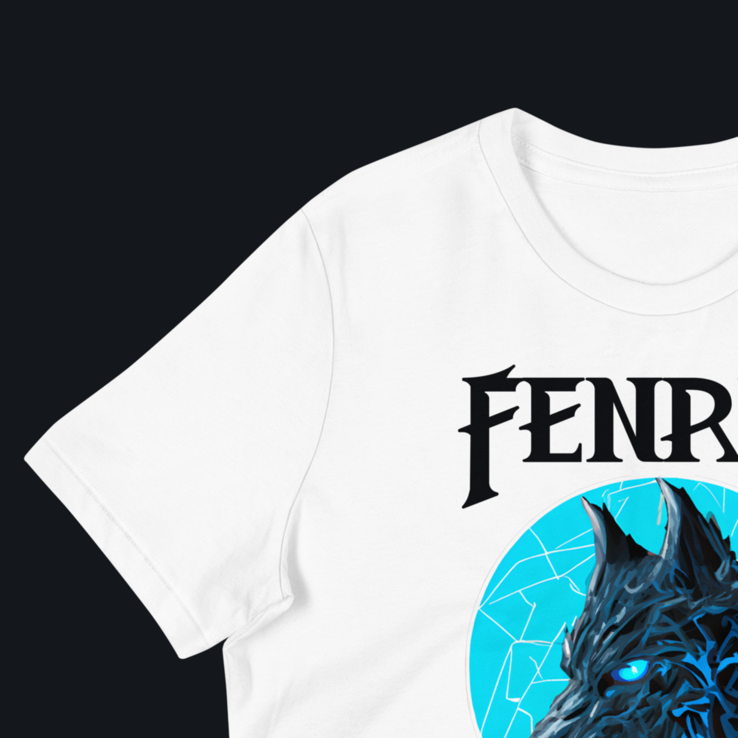 Fenrir women's white shirt flat on a black background. This is a front view showing the cuff of the sleeve. The seem where the shoulder attaches to the shirt and the crewneck.