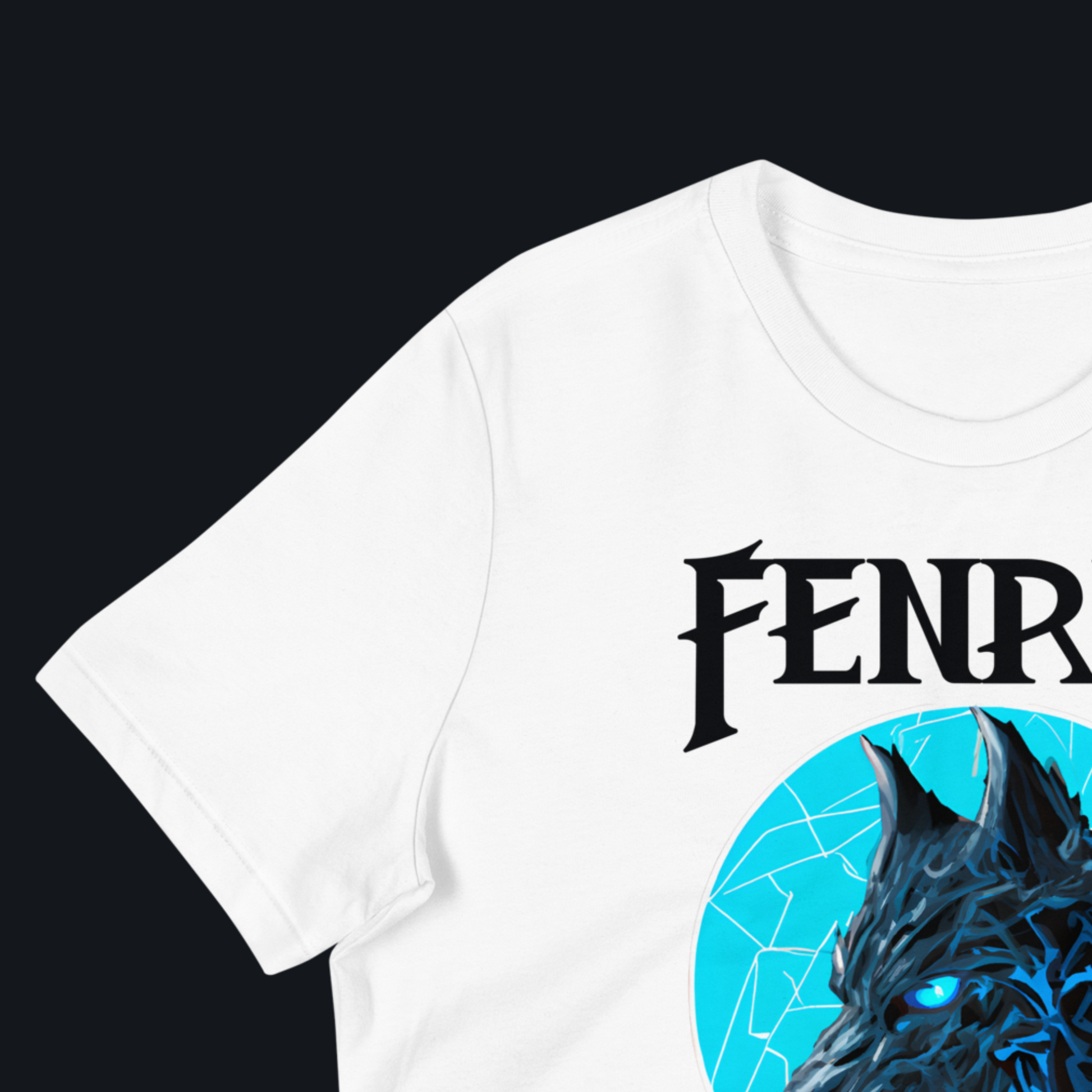 Fenrir women's white shirt flat on a black background. This is a front view showing the cuff of the sleeve. The seem where the shoulder attaches to the shirt and the crewneck.