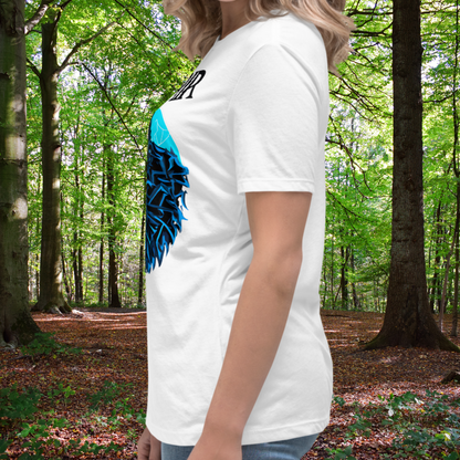 Fenrir White Graphic Wolf Tee on model Left side view. You see the R in black text above part of the left side of the blue full moon filled with electric blue wolf fur. Sleeves are midway down the upper arm with shoulder at the shoulder. This is a crewneck t-shirt. Hem on model comes to the bottom of the hip. You can see this shirt has a side seam. Reading Book Merch