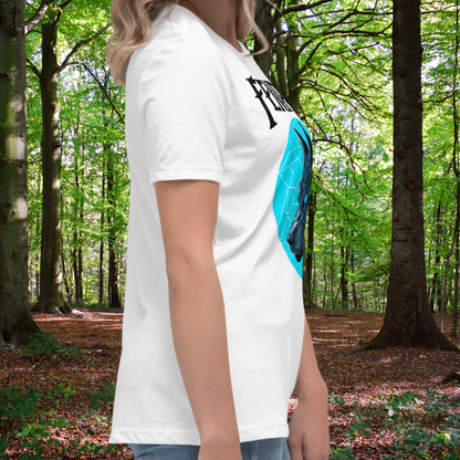 Fenrir  Womens Graphic Tee white right side view on model. You see the black text at the top with the letter F. Half of the full blue moon on the right side. You see the muzzle, blue eyes, and ears of Fenrir the Wolf. Sleeves are midway down the upper arm. Hem is below the hip. Crewneck shirt.  Streetwear TShirt 