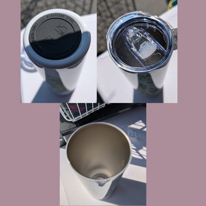 This is a collage of the bottom, the top, and the inside of the tumbler. You see the black silicone pad on the bottom of the tumbler. The lid is on the top of the mug and you can see the sliding mechanism that opens and closes the hole for drinking or for putting the metal straw into it. And you see the inside of the 304 food grade stainless steel tumbler. These photos were all taken between customers at my local Farmer's Market