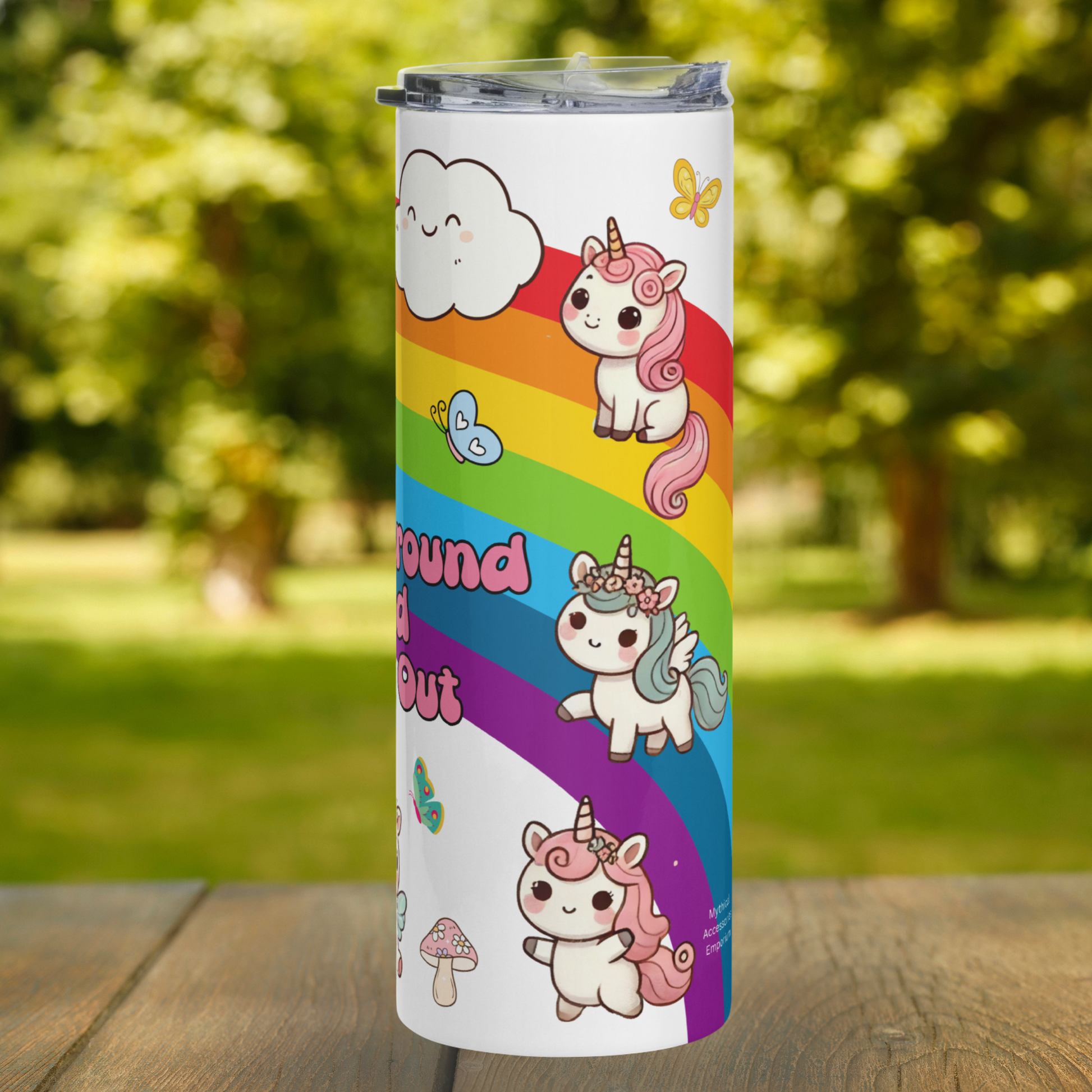 Kawaii Stainless Steel 20 oz Tumbler right side. Right side of rainbow is visible. To the top right is the smiling cloud. At the top sitting in the rainbow is a unicorn with curly pink mane and tail. IN the middle a unicorn pegasus is walking on the rainbow with blue hair and pink flowers. At the bottom a dancing unicorn with curly pink hair and mane. Flowers similar to a barrette hold the mane back. Whimsigoth Book Club Merch
