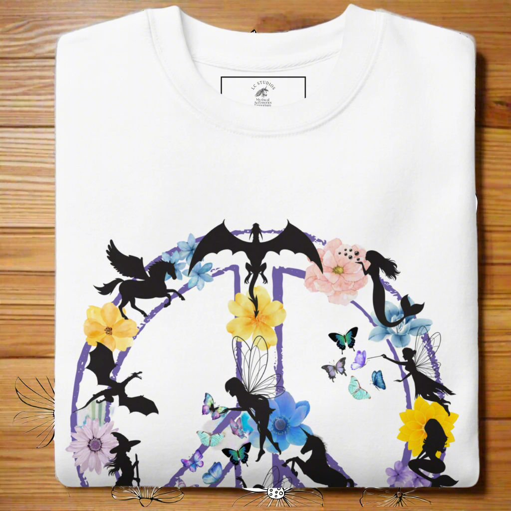 Womens Folded white Fantasy Peace Sign Women's Sweatshirt. Purple Peace Sign Outline filled with fantasy creatures dragons, mermaids, fairies, pegasus, a witch, butterflies, and flowers. 
