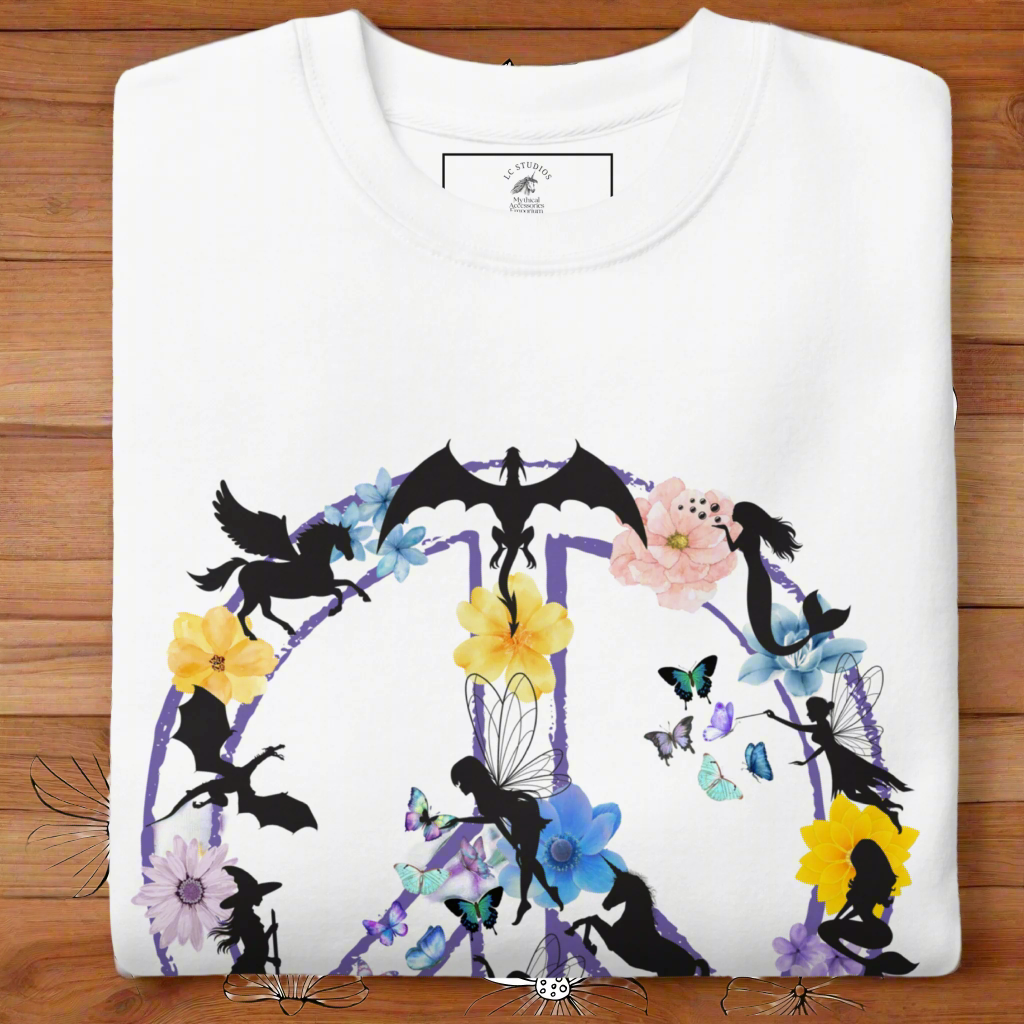 Men's folded Front View White Fantasy Peace Sign men's Sweatshirt. Purple Peace Sign Outline filled with fantasy creatures dragons, mermaids, fairies, pegasus, a witch, butterflies, and flowers. 