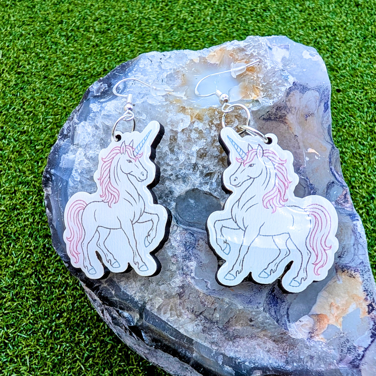 Pink Unicorn Earrings, Handmade Wood Earrings
