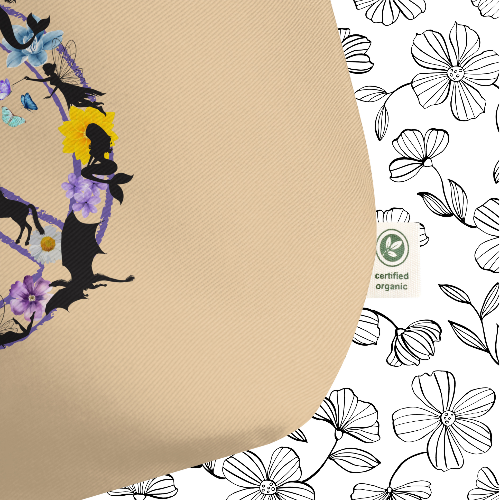 front bottom corner right up close view natural organic tote fantasy peace sign, purple peace sign filled with mythological creatures dragon mermaid fairy unicorn witch pegasus