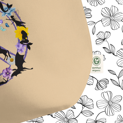 front bottom corner right up close view natural organic tote fantasy peace sign, purple peace sign filled with mythological creatures dragon mermaid fairy unicorn witch pegasus