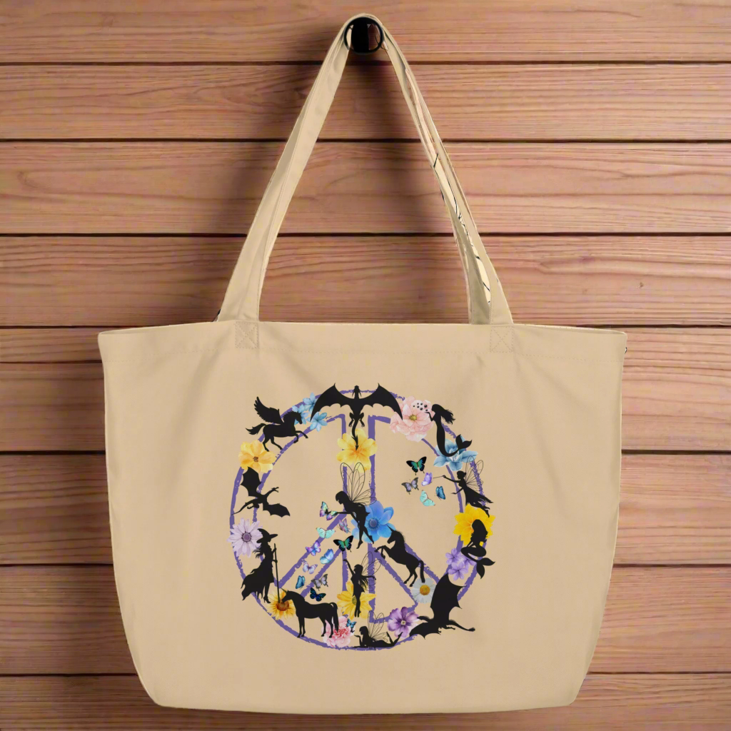 front hanging view natural organic tote fantasy peace sign, purple peace sign filled with mythological creatures dragon mermaid fairy unicorn witch pegasus