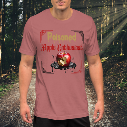 Front View Mauve Men's Poison Apple Enthusiast above a decaying apple sitting in a black pool of poison framed in red and black