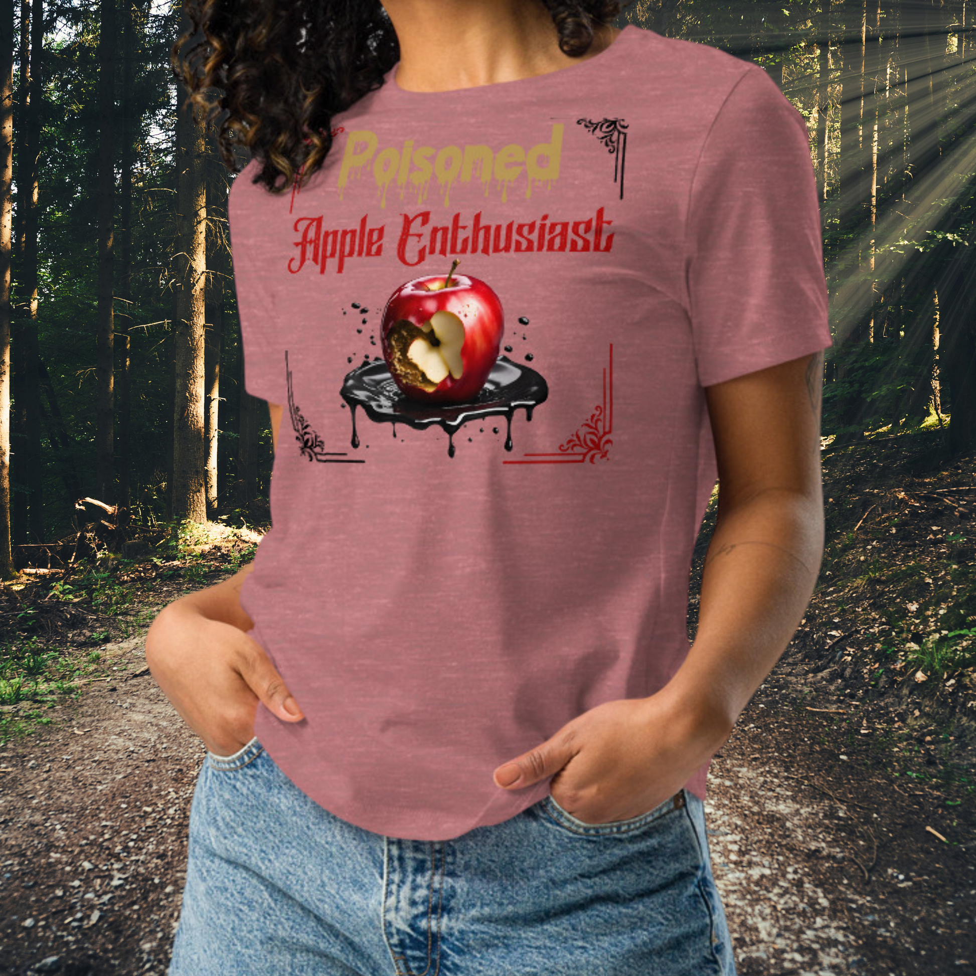 front View heather mauve women's Poison Apple Enthusiast above a decaying apple sitting in a black pool of poison framed in red and black