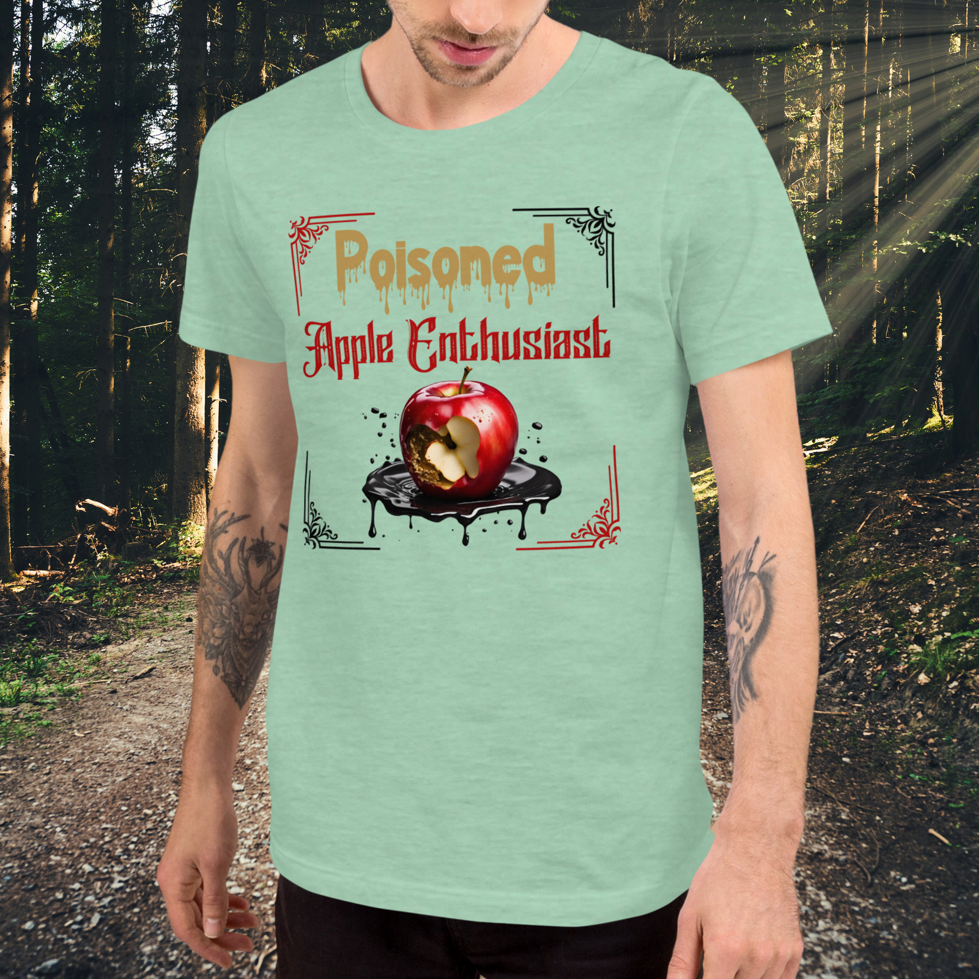 Front View Heather Prism Mint Men's Poison Apple Enthusiast above a decaying apple sitting in a black pool of poison framed in red and black