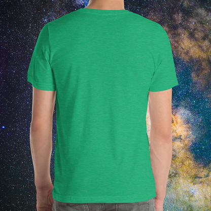 Back view of model wearing heather kelly green men's Gemini Tee. The crew neckline, short sleeves end at mid upper arm, and hem line ends below hip on model. The perfect May or June Birthday Gift for him or yourself.