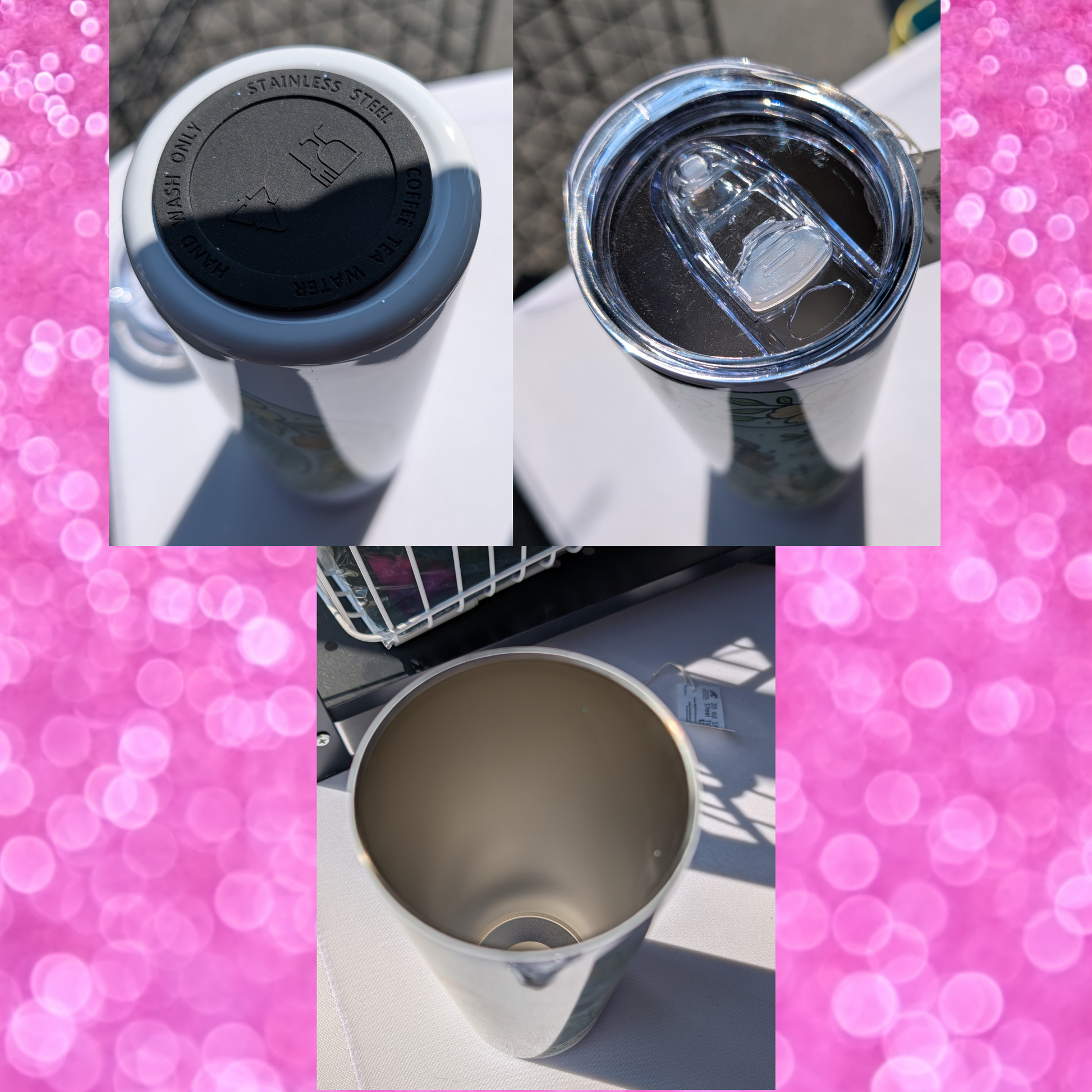 This is a collage of the bottom, the top, and the inside of the tumbler. You see the black silicone pad on the bottom of the tumbler. The lid is on the top of the mug and you can see the sliding mechanism that opens and closes the hole for drinking or for putting the metal straw into it. And you see the inside of the 304 food grade stainless steel tumbler. These photos were all taken between customers at my local Farmer's Market