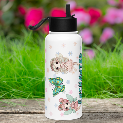 Left side view of Fairy Tumbler with black lid. Flip up straw is sticking up and handle is up to the left. At the top is a chibi Fairy with large eyes, long blonde hair, a pink flower crown, wings, pink dress, and her hands in front of her. To the bottom is a pink haired fairy with buns, blue wings, pink dress, and sitting on the beginning of the word enchanted. Between the fairies is a blue butterfly. Background is mini pastel daisies.