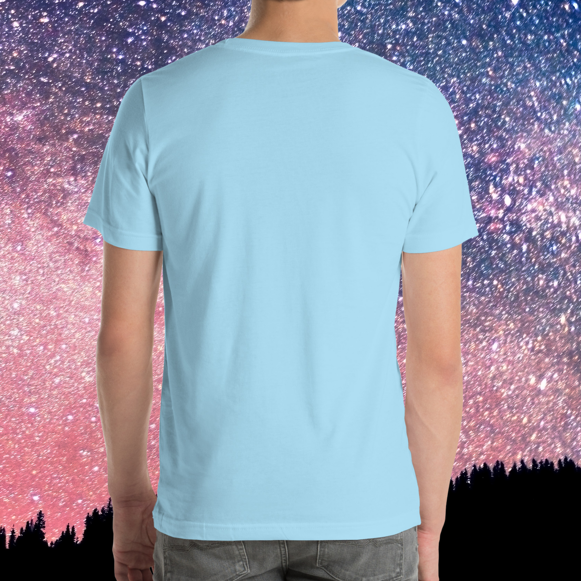 Back view of model wearing  Ocean Blue men's Leo Tee. No image on the back of the shirt. You can see the short sleeves end mid upper arm, hem ends at the bottom of the hip, and there is a crew neck. The perfect July or August Birthday Gift for him or yourself.