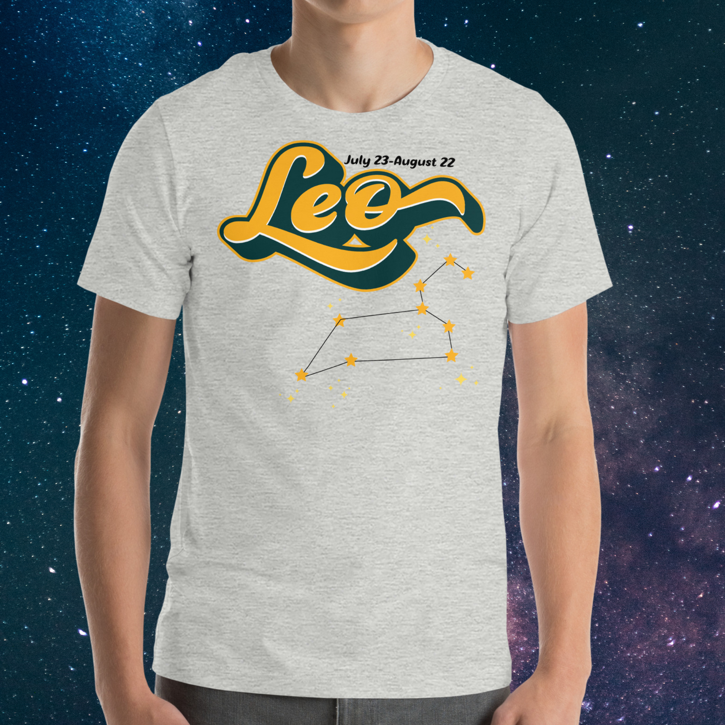 Front view of model wearing athletic heather (grey) men's Leo Tee. This astrology Leo T-Shirt has the word Leo in large yellow script shadowed in deep green for a 3-D effect. Above this it Says July 23-August 22. Under Cancer is the zodiac star constellation with yellow stars connected by a black line and lighter yellow smaller stars surrounding this. The perfect July or August Birthday Gift for him or yourself.