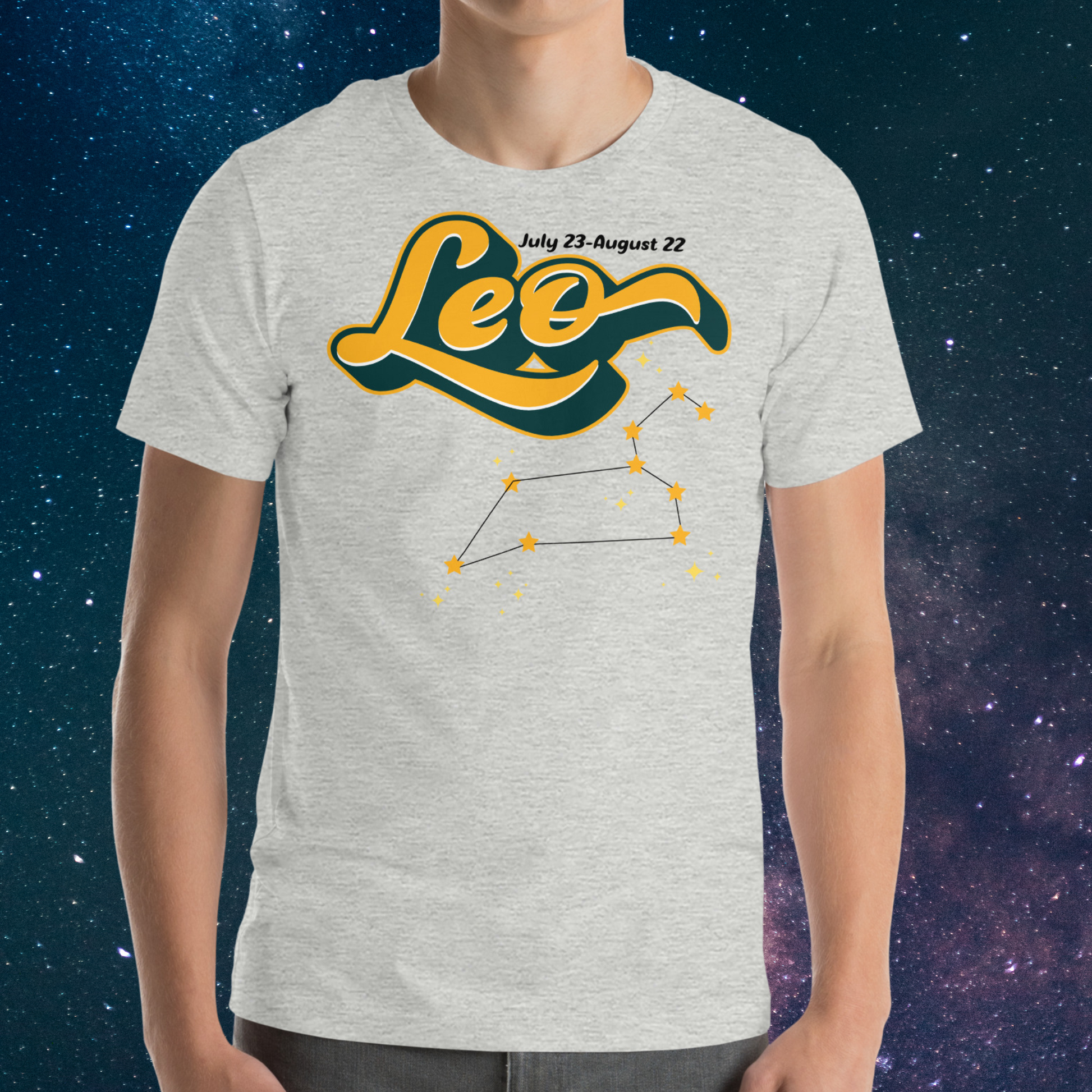 Front view of model wearing athletic heather (grey) men's Leo Tee. This astrology Leo T-Shirt has the word Leo in large yellow script shadowed in deep green for a 3-D effect. Above this it Says July 23-August 22. Under Cancer is the zodiac star constellation with yellow stars connected by a black line and lighter yellow smaller stars surrounding this. The perfect July or August Birthday Gift for him or yourself.