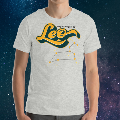 Front view of model wearing athletic heather (grey) men's Leo Tee. This astrology Leo T-Shirt has the word Leo in large yellow script shadowed in deep green for a 3-D effect. Above this it Says July 23-August 22. Under Cancer is the zodiac star constellation with yellow stars connected by a black line and lighter yellow smaller stars surrounding this. The perfect July or August Birthday Gift for him or yourself.