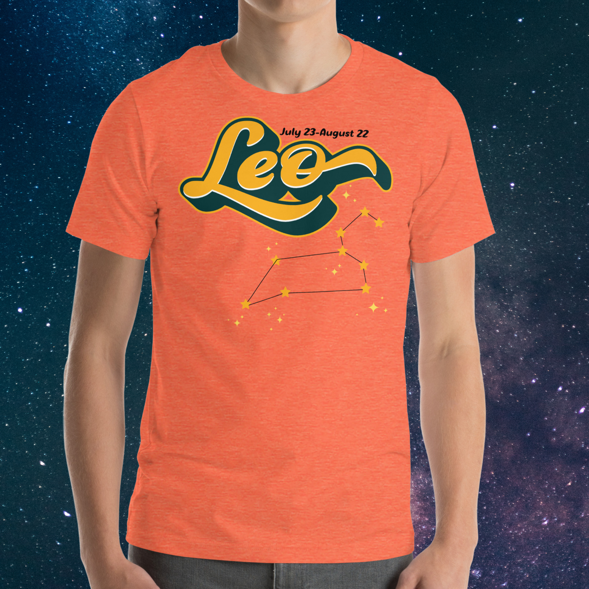 Front view of model wearing  Burnt Orange men's Leo Tee. This astrology Leo T-Shirt has the word Leo in large yellow script shadowed in deep green for a 3-D effect. Above this it Says July 23-August 22. Under Cancer is the zodiac star constellation with yellow stars connected by a black line and lighter yellow smaller stars surrounding this. The perfect July or August Birthday Gift for him or yourself.