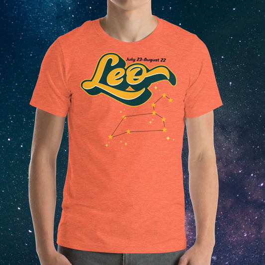 Front view of model wearing  Burnt Orange men's Leo Tee. This astrology Leo T-Shirt has the word Leo in large yellow script shadowed in deep green for a 3-D effect. Above this it Says July 23-August 22. Under Cancer is the zodiac star constellation with yellow stars connected by a black line and lighter yellow smaller stars surrounding this. The perfect July or August Birthday Gift for him or yourself.