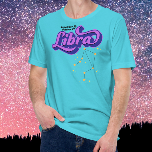 Front view of model wearing turquoise men's Libra Tee. This astrology Libra T-Shirt has the word Libra in large purple script shadowed in deep blue for a 3-D effect. Below this it Says September 23-October 22. Under Libra is the zodiac star constellation with yellow stars connected by a black line and lighter yellow smaller stars surrounding this. The perfect October or September Birthday Gift for him or yourself.