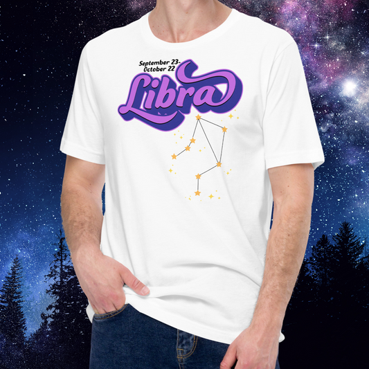 Front view of model wearing white men's Libra Tee. This astrology Libra T-Shirt has the word Libra in large purple script shadowed in deep blue for a 3-D effect. Below this it Says September 23-October 22. Under Libra is the zodiac star constellation with yellow stars connected by a black line and lighter yellow smaller stars surrounding this. The perfect October or September Birthday Gift for him or yourself.