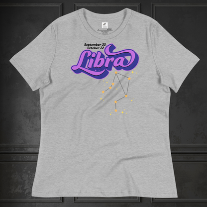 Front view of flat athletic heather (grey) women's Libra Tee. This astrology Libra T-Shirt has the word Libra in large purple script shadowed in deep blue for a 3-D effect. Below this it Says September 23-October 22. Under Libra is the zodiac star constellation with yellow stars connected by a black line and lighter yellow smaller stars surrounding this. The perfect October or September Birthday Gift for Her or yourself.