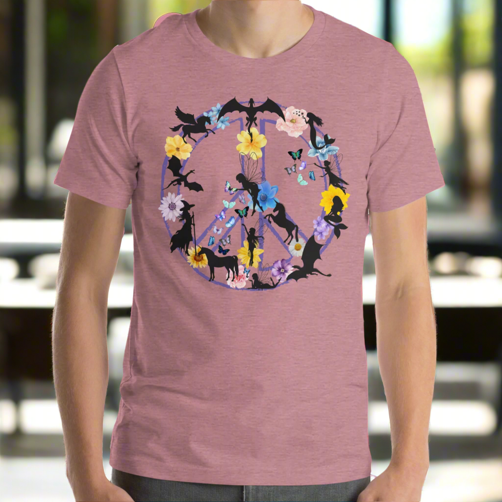 70s Vintage Peace Sign men's heather orchid T-Shirt Front View. Purple Peace sign filled in with dragons, mermaids, fairies, unicorns, pegasi, witches, flowers, and butterflies. 