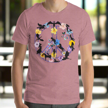 70s Vintage Peace Sign men's heather orchid T-Shirt Front View. Purple Peace sign filled in with dragons, mermaids, fairies, unicorns, pegasi, witches, flowers, and butterflies. 