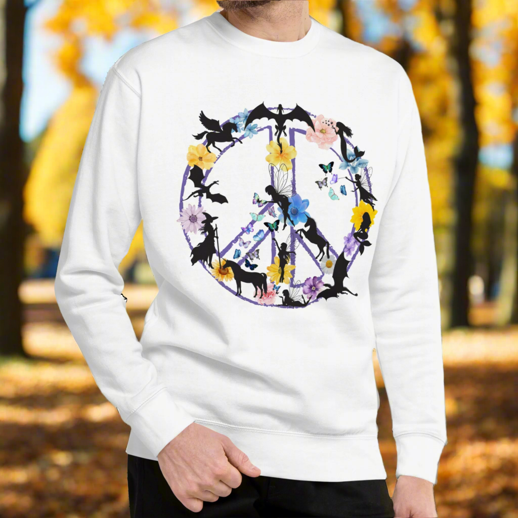 Men's Front View White Fantasy Peace Sign men's Sweatshirt. Purple Peace Sign Outline filled with fantasy creatures dragons, mermaids, fairies, pegasus, a witch, butterflies, and flowers. 