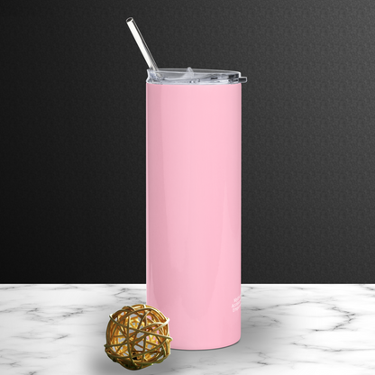 Pink Black Cat Ghost Tumbler 20 oz back view. Here you see the pink tumbler with a metal straw peaking over the edge of the push on lid. Cute Ghost water bottle