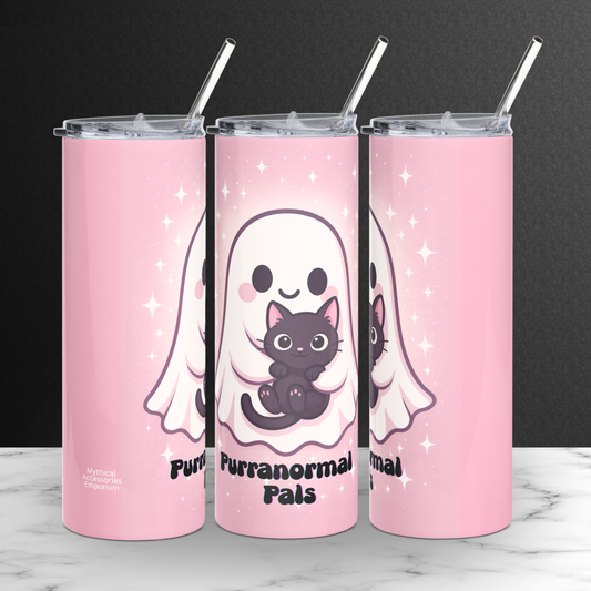 Pink Cat Ghost 20oz Stainless Steel Tumbler left, front, and right side collage. Pastel Pink Tumbler with a white kawaii ghost with rosy cheeks and big black eyes holding a black cat. Below the ghost it says Purranromal Pals.