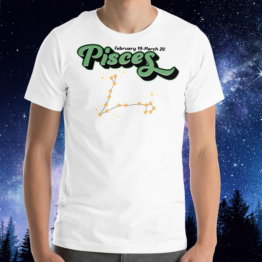 Front view of model wearing white men's Pisces Tee. This Astrology T-Shirt has the word Pisces in large minty green script shadowed in black for a 3-D effect. Above it Says February 19-March 20. Under Pisces is the star constellation with yellow stars connected by a black line and yellow smaller stars surrounding this. The perfect February or March Birthday Gift for him.