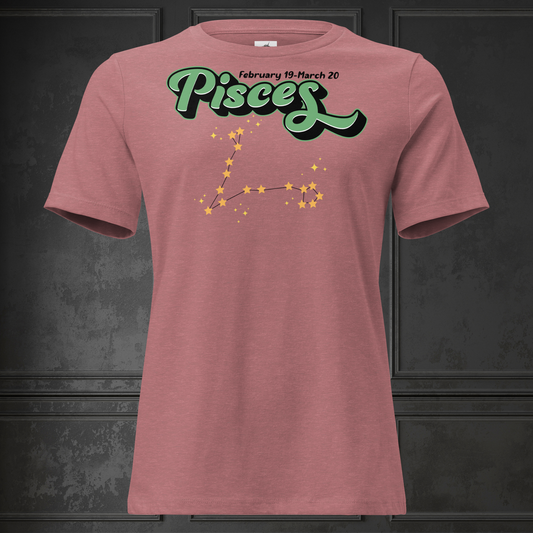 Front view heather mauve women's Pisces Tee not on model. you can see the inside of the neckline and hems of the sleeves. This Astrology T-Shirt has the word Pisces in large minty green script shadowed in black for a 3-D effect. Above this it Says February 19-March 20. Under Pisces is the star constellation with yellow stars connected by a black line and yellow smaller stars surrounding this. The perfect February or March Birthday Gift for Her or yourself.