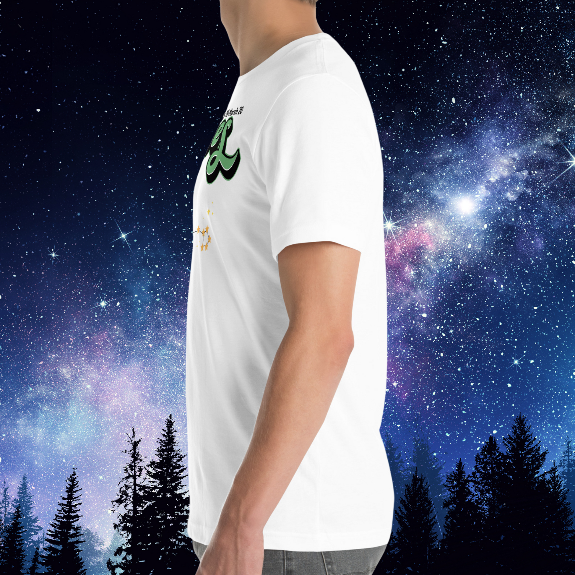 Left side view of model wearing white men's Pisces Tee. This Astrology T-Shirt has short sleeves that come midway down the upper arm, crew neckline, hem comes right below the model's hips. The perfect February or March Birthday Gift for him.