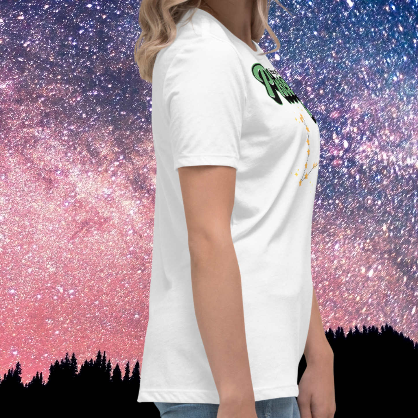 Right side view of model wearing white women's Pisces Tee. This Astrology T-Shirt  seen from the side shows the short white sleeve coming midway down the upper arm. The hem is right below the hips. Crewneck neckline at the top of the shirt. The perfect February or March Birthday Gift for Her or yourself.