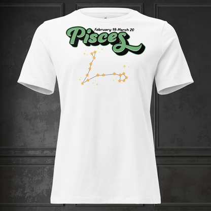Front view white women's Pisces Tee not on model. you can see the inside of the neckline and hems of the sleeves. This Astrology T-Shirt has the word Pisces in large minty green script shadowed in black for a 3-D effect. Above this it Says February 19-March 20. Under Pisces is the star constellation with yellow stars connected by a black line and yellow smaller stars surrounding this. The perfect February or March Birthday Gift for Her or yourself.